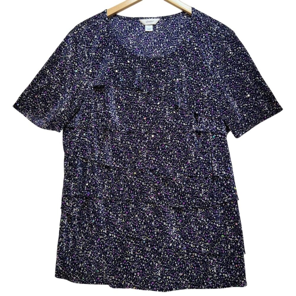 Cj Banks Women's Layered Sparkly Blouse Short Sleeve Size 1X Multi Ditsy Floral